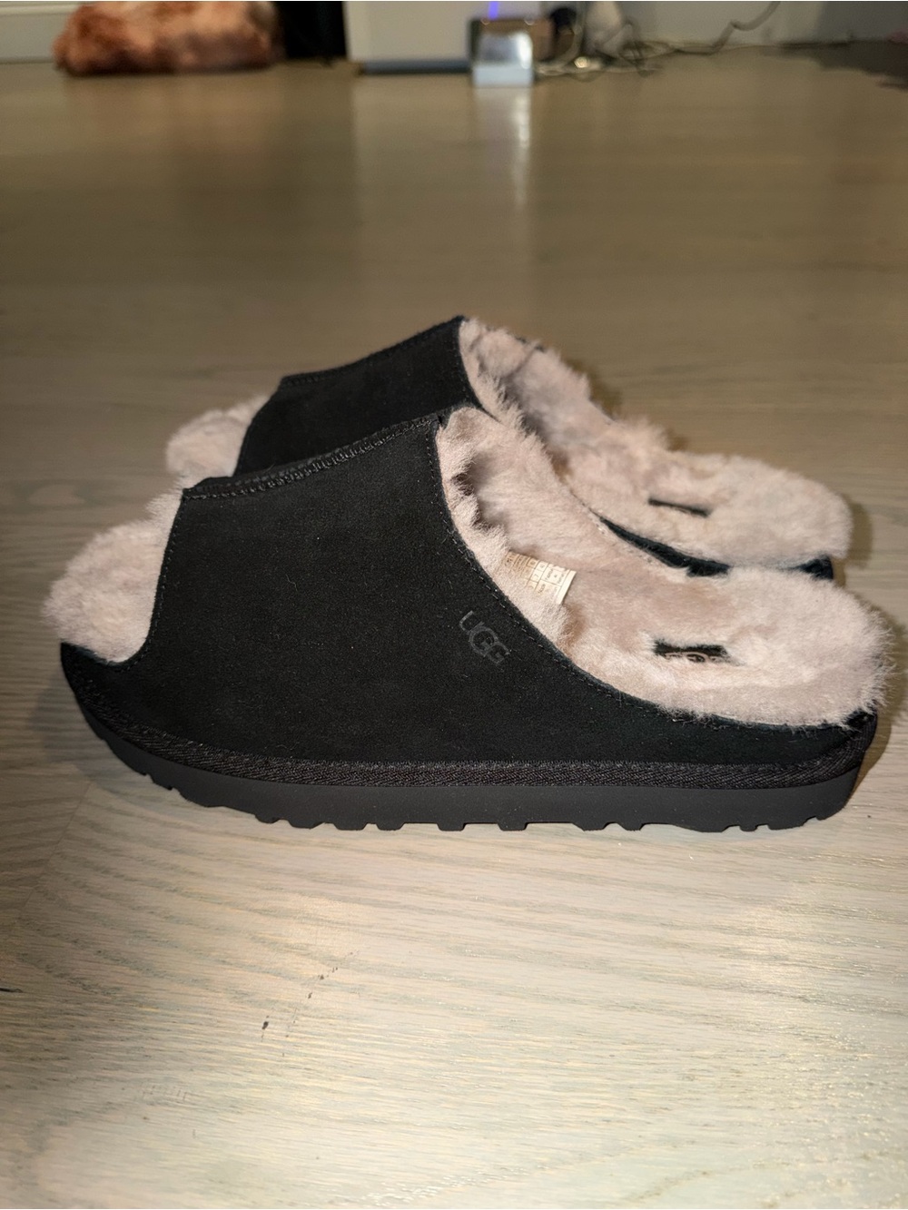 UGG Black Suede Open-Back Shearling Mules